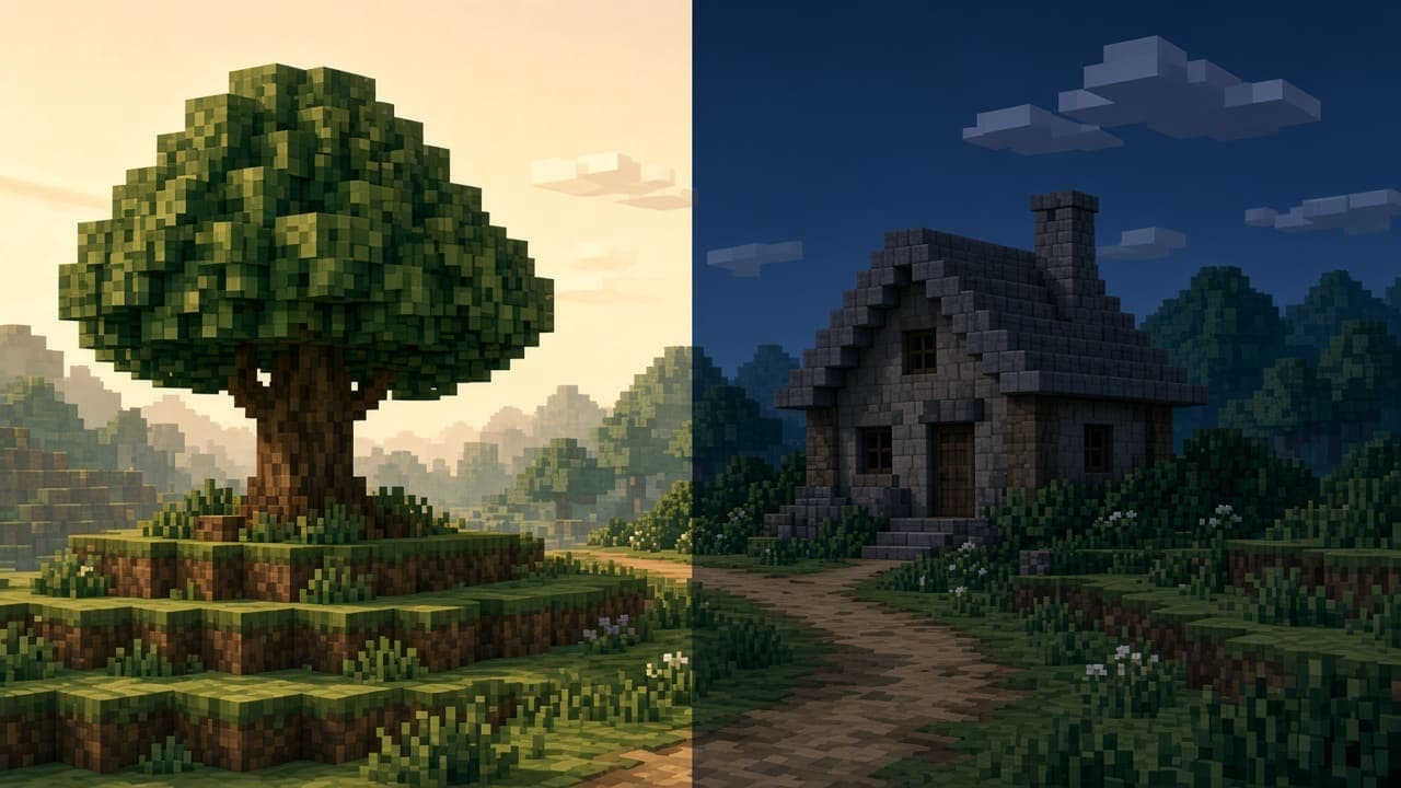 Illustration of a block landscape with daylight on the left and night on the right.