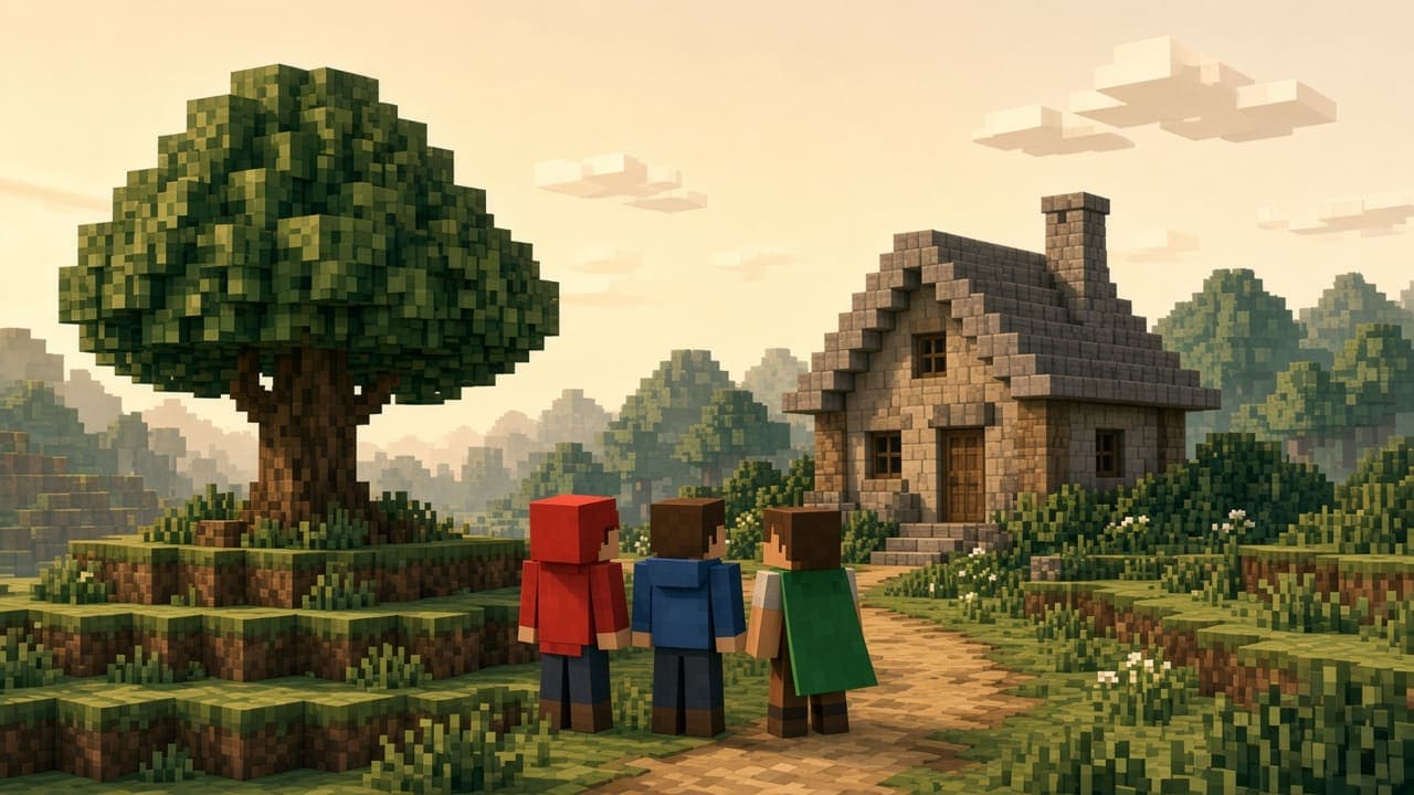 Illustration of three original blocky characters wearing a red hood, a blue jacket, and a green cape.