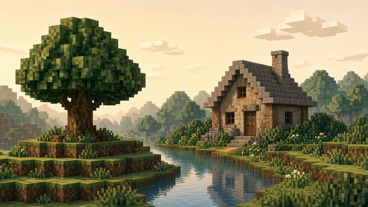 Illustration of warm light on a block landscape and a river. It does not show a specific shader pack.