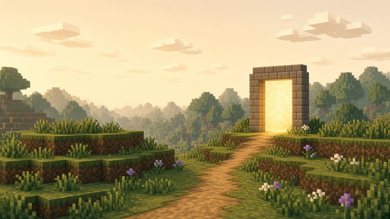 Illustration of two block hilltops joined by a simple glowing portal frame.